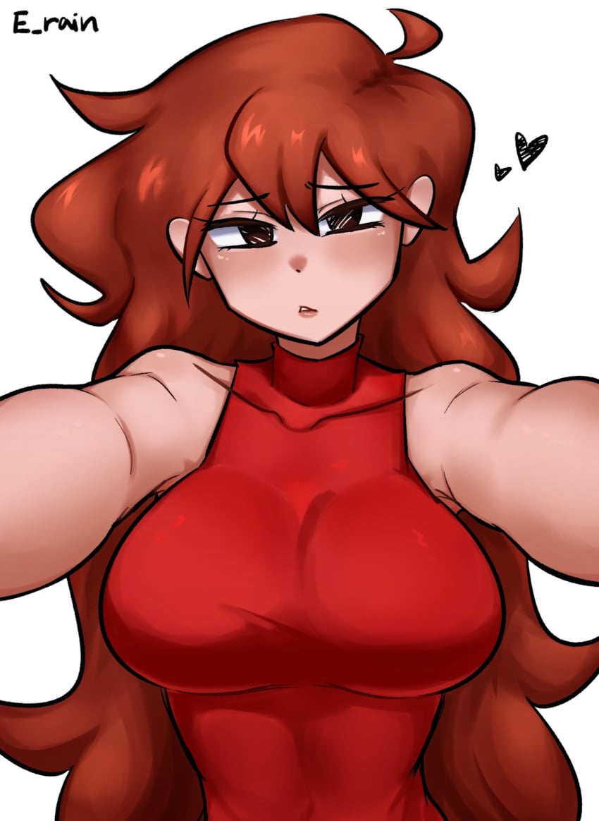 bare_shoulders big_breasts breasts erainnn female friday_night_funkin girlfriend_(friday_night_funkin) heart large_breasts long_hair looking_at_viewer pout pouting pov pov_eye_contact red_dress selfie