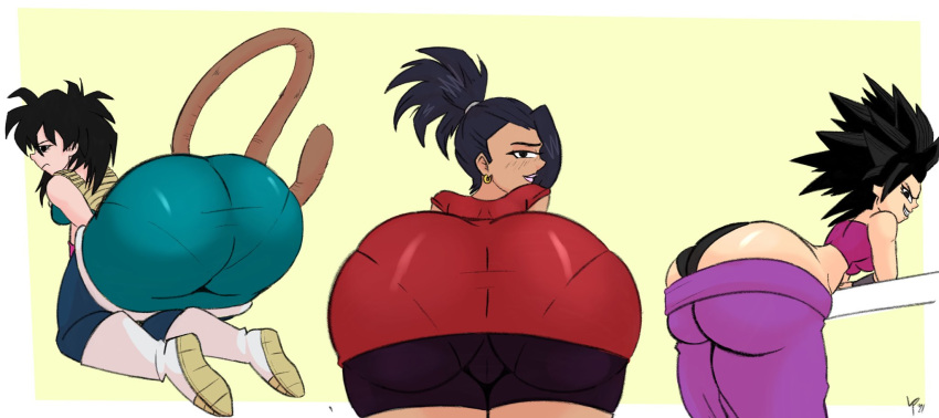 3girls ass ass_focus bent_over big_ass black_hair caulifla dragon_ball dragon_ball_super dragon_ball_z female female_only fully_clothed gine kale lewdpunch milf mother multiple_girls panties pantylines saiyan