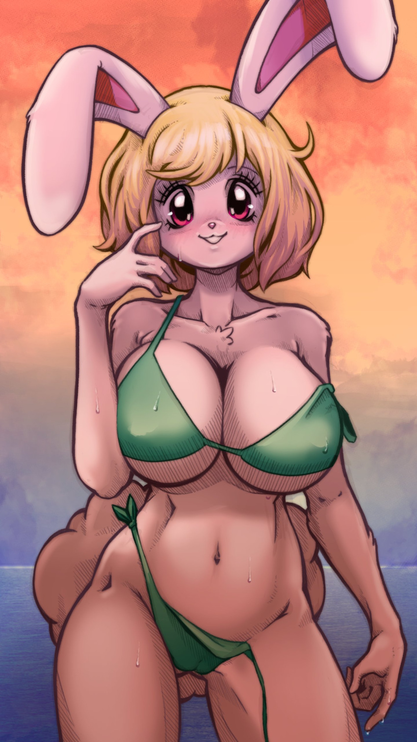 1girls big_eyes bikini bikini_bottom bikini_bottom_untied bikini_top blonde_hair breasts carrot_(one_piece) female female_only furry furry_female large_breasts ocean one_piece plague_of_gripes rabbit_ears rabbit_girl rabbit_tail short_hair solo sunset white_fur