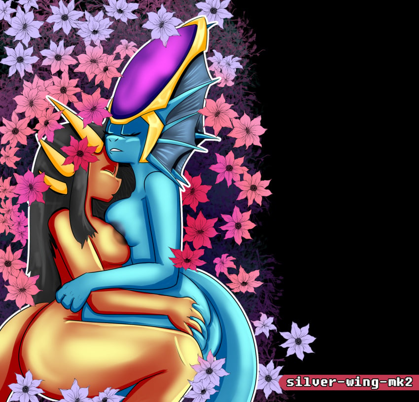 2girls anthro anthro_only artist_name artist_signature ass ass_grab big_breasts black_hair blue_skin breast_press breasts brown_skin canon_couple cordelia_(freedom_planet_2) couple cuddling dragon earth_dragon eyelashes eyeliner female female_only fins flower flower_bed freedom_planet freedom_planet_2 furry furry_only galaxytrail golden_horns groping_ass hi_res horn horns hug laying_down long_hair makeup merga naked nipples nude romantic silver-wing-mk2 tail water_dragon yuri