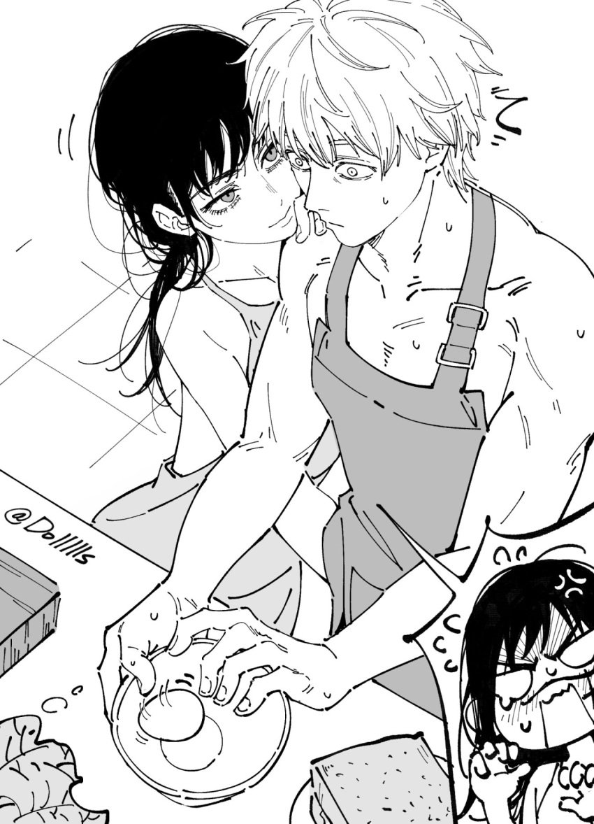 1boy 2girls apron black_hair blush chainsaw_man cooking denji_(chainsaw_man) dollllls egg female grabbing grabbing_penis implied_handjob kitchen male mitaka_asa monochrome naked_apron shocked shocked_expression sweat thought_bubble yoru_(chainsaw_man)