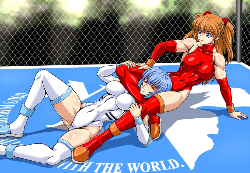 2girls abs asuka_langley_sohryu big_breasts blue_eyes blue_hair breasts catfight female fight fit_female germany grappling human japan latex legs light-skinned_female light_skin long_hair muscular_female neon_genesis_evangelion nerv orange_hair pale-skinned_female pale_skin plugsuit red_eyes red_hair red_outfit rei_ayanami short_hair strangling submission_hold tagme_(artist) teenager thick_thighs white_outfit wrestling wrestling_boots wrestling_move wrestling_outfit