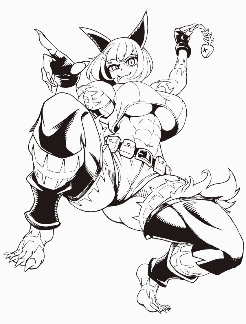 :3 abs animal_ears ass bangs bare_shoulders barefoot belt belt_buckle belt_pouch bob_cut breasts buckle cat_ears cat_girl crop_top eyebrows_hidden_by_hair feet female fingerless_gloves fingernails fish_skeleton full_body gloves greyscale holding large_breasts looking_at_viewer monochrome muscular muscular_female nadia_fortune no_bra pants pouch scar sharp_fingernails sharp_toenails short_hair skullgirls sleeveless solo thick_thighs thighhighs thighs toenails toned tongue tongue_out torn_clothes torn_pants underboob websake