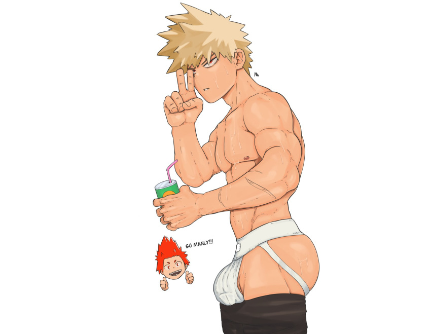 2boys ass bara barazoku big_ass big_bulge big_butt big_penis blonde blonde_hair bulge eijirou_kirishima flaccid gay jockstrap katsuki_bakugou male male/male male_only minkoni2 muscular muscular_male my_hero_academia pants pants_down peace_sign red_eyes red_hair scar scars sweat sweatdrop yaoi