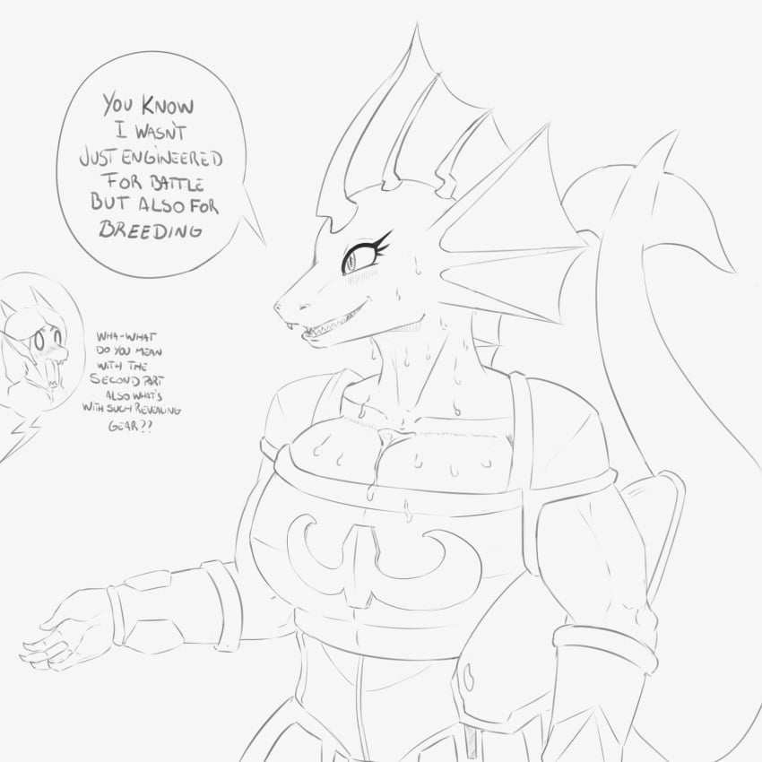 1:1 anthro aquatic_dragon armor badfidhell barely_contained barely_contained_breasts big_breasts blush bodily_fluids breasts cordelia_(freedom_planet_2) dragon duo earth_dragon embarrassed_female english_text female/female fin flirting freedom_planet freedom_planet_2 galaxytrail hi_res huge_breasts long_tail marine merga monochrome sweat sweatdrop tail text