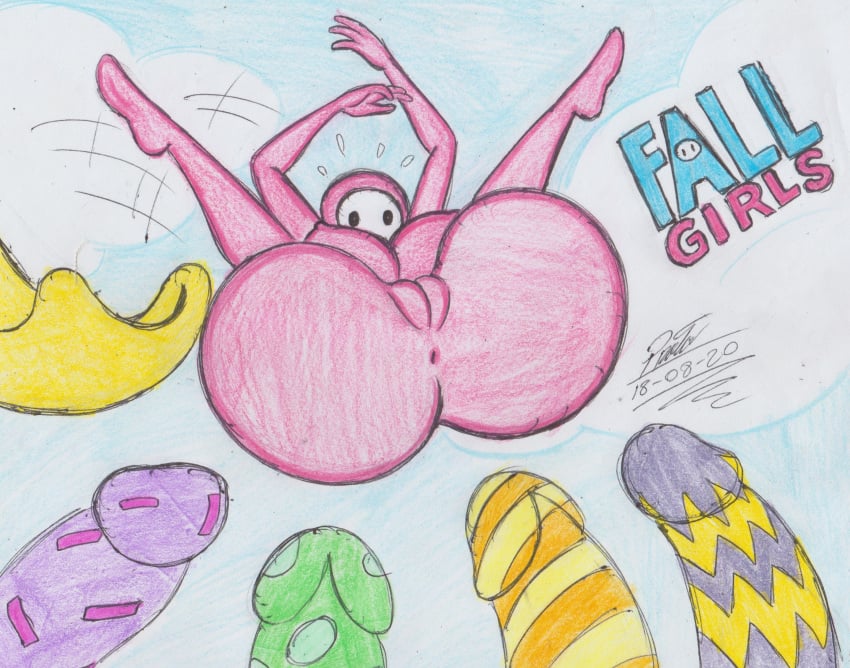 anthro ass bubble_butt chocoalien001 fall_guys falling female proto23719395 traditional_art traditional_media traditional_media_(artwork)