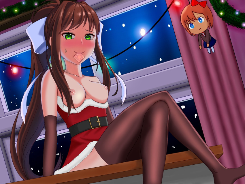 2girls black_socks blue_eyes blue_skirt blush bow breasts_out breasts_out_of_clothes brown_hair christmas christmas_lights condom condom_in_mouth condom_wrapper doki_doki_literature_club female female_only green_eyes legwear looking_at_viewer mhmundead monika_(doki_doki_literature_club) multiple_girls oham_yuri plush plushie ponytail red_bow santa_costume sayori_(doki_doki_literature_club) school_uniform skirt smile smiling smiling_at_viewer socks solo thigh_socks thighhighs uniform white_bow