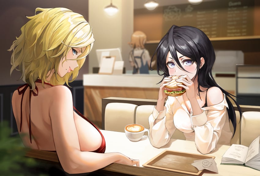 3girls absurdres aged_up alternate_costume arm_rest back_muscles backless_dress backless_outfit bangs bar big_breasts black_hair bleach bleach:_the_thousand-year_blood_war blonde_hair blue_eyes blurry blurry_background boobs book bra breast_size_difference breasts busty cafeteria cashier cleavage coffee coffee_cup coffee_mug collared_shirt cup disposable_cup dress eating elbows_on_table faceless_female facing_away female female_only food hair_between_eyes hanging_light highres holding holding_food indoors kuchiki_rukia kurosaki_yuzu large_breasts light_blush light_brown_hair long_bangs long_hair looking_at_viewer looking_back makeup matsumoto_rangiku mature mature_female mature_woman menu milf mole mole_under_mouth multiple_girls no_bra off_shoulder open_book open_clothes open_shirt oppai purple_eyes red_dress restaurant revealing_clothes sandwich sandwich_(food) seducing seduction seductive seductive_eyes seductive_gaze seductive_look seductive_mouth seductive_smile sexually_suggestive shirt short_hair sideboob sitting sleeveless sleeveless_dress small_breasts smile tits tray underwear upper_body waitress wellsy white_shirt yuzu_kurosaki