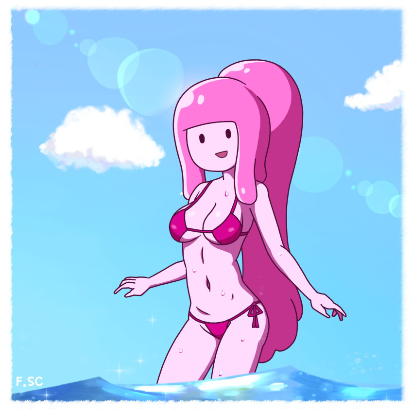 2023 adventure_time bikini bikini_bottom bikini_top black_eyes breasts cartoon_network cleavage female female_only fizzyspidercider mob_face pink_body pink_hair princess princess_bubblegum swimsuit water