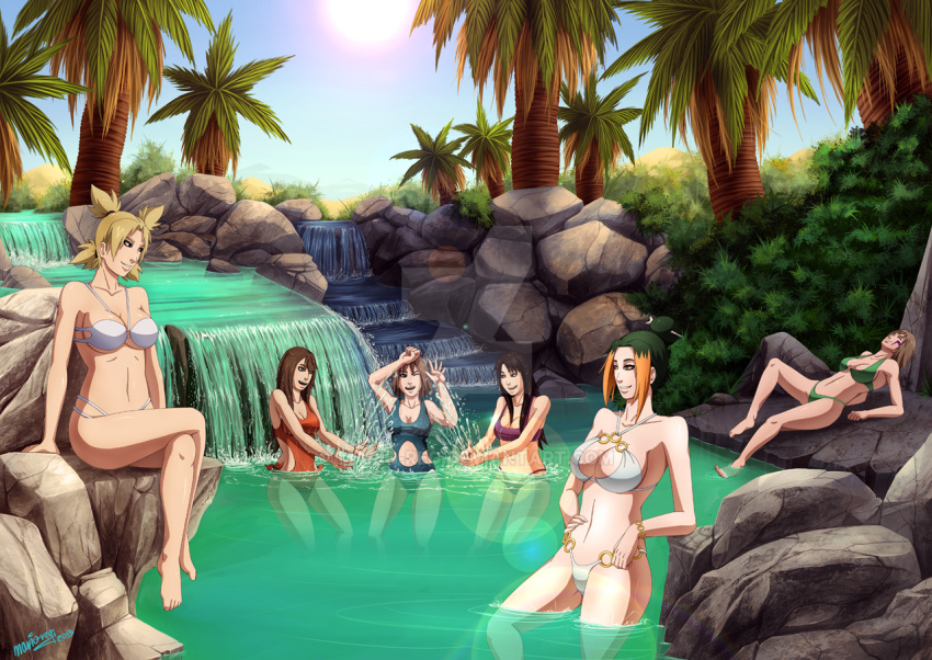 6girls adult age_difference big_breasts blonde_hair breasts brown_hair cleavage female female_only green_hair hair_bun hot_spring karura_(naruto) light_particles mario-reg matsuri_(naruto) mother_and_daughter multicolored_hair multiple_girls naruto naruto_(series) naruto_shippuden nature older_female onsen orange_hair outdoors pakura palm_tree partially_submerged playing quad_tails relaxing sari_(naruto) sunbathing sunlight swimsuit teenager temari voluptuous water waterfall younger_female yukata_(naruto)