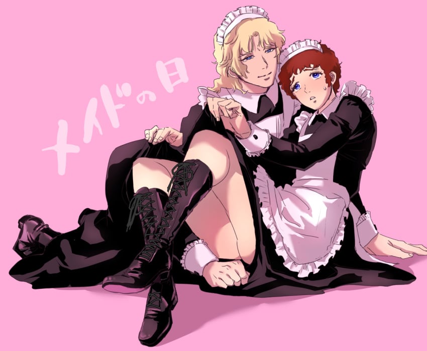 1boy 2boys amuro_ray apron ass blonde_hair blue_eyes blush blushing boots char_aznable crossdressing crossdressing_male dokata_s exposed_ass gay gundam japanese_text lace_up_boots looking_at_viewer maid_uniform male male/male male_only muscular_male older_male pink_background red_hair shoes simple_background socks suggestive sweat sweat_drop taller_male text yaoi