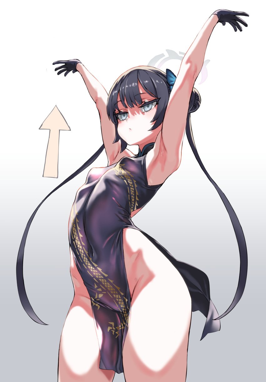 armpits arms_up asanagi bangs bare_shoulders black_dress black_gloves black_hair blue_archive blue_eyes braid braided_bun breasts butterfly_hair_ornament china_dress chinese_clothes double_bun double_slit_dress dragon_print dress female genryumon_(blue_archive) gloves grey_eyes hair_bun hair_ornament halo high_slit_dress highres kisaki_(blue_archive) long_hair minidress no_panties no_panties_under_dress pelvic_curtain print_dress shanhaijing_secondary_school_student short_dress side_slit sleeveless sleeveless_dress slit slit_dress small_breasts solo twintails young