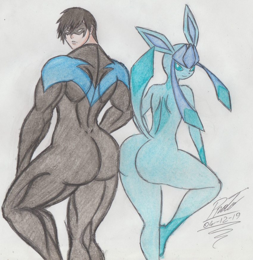 anthro ass chocoalien001 dc dc_comics dick_grayson furry glaceon human male nightwing pokémon_(species) pokemon proto23719395 traditional_art traditional_media