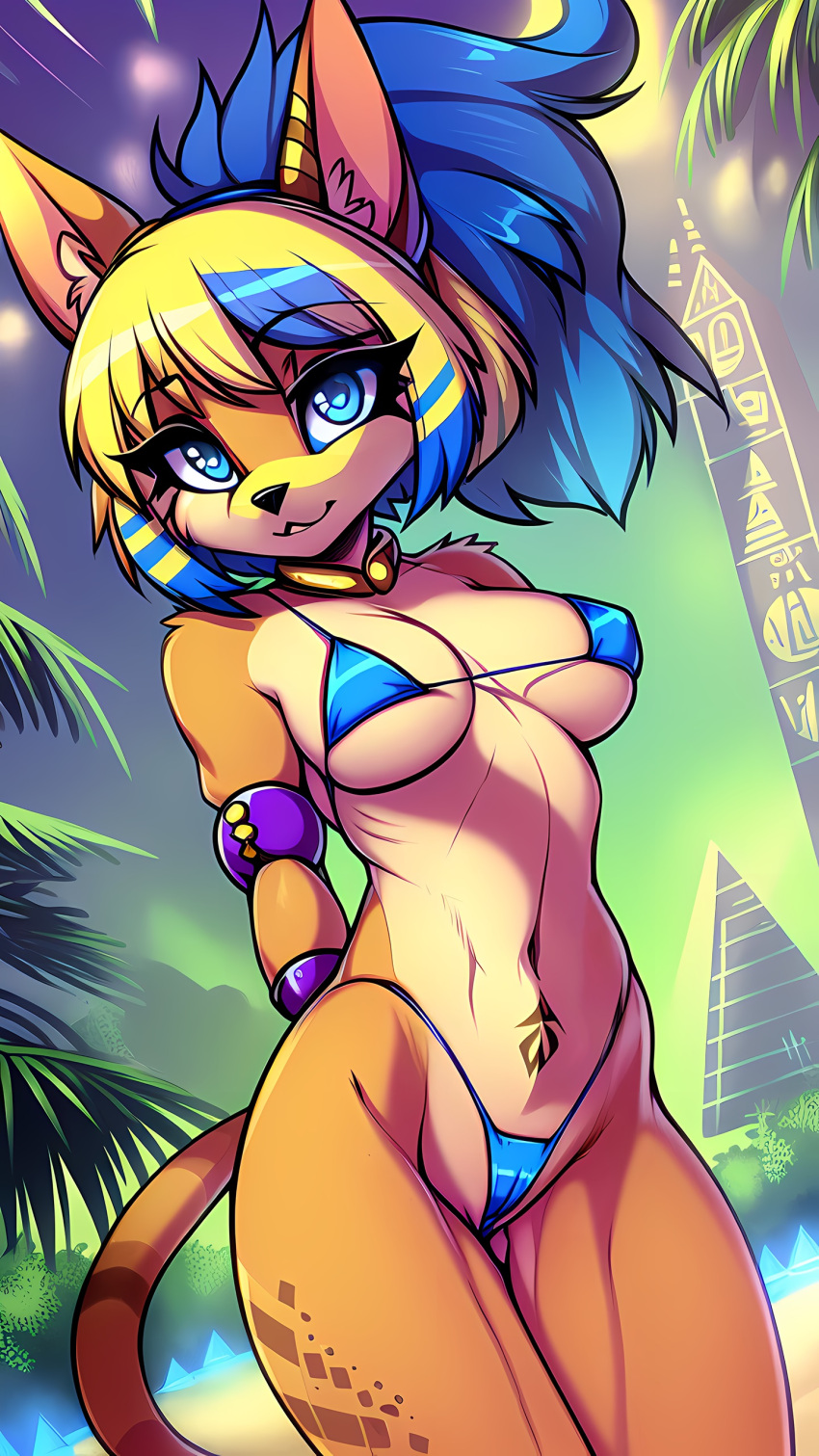 1girls ai_generated bikini blonde_hair blue_eyes blue_hair breasts cat_ears cat_girl cat_tail catgirl egyptian egyptian_clothes egyptian_female egyptian_mythology hybrid jackal_ears midriff palm_trees ponytail pyramid streaked_hair