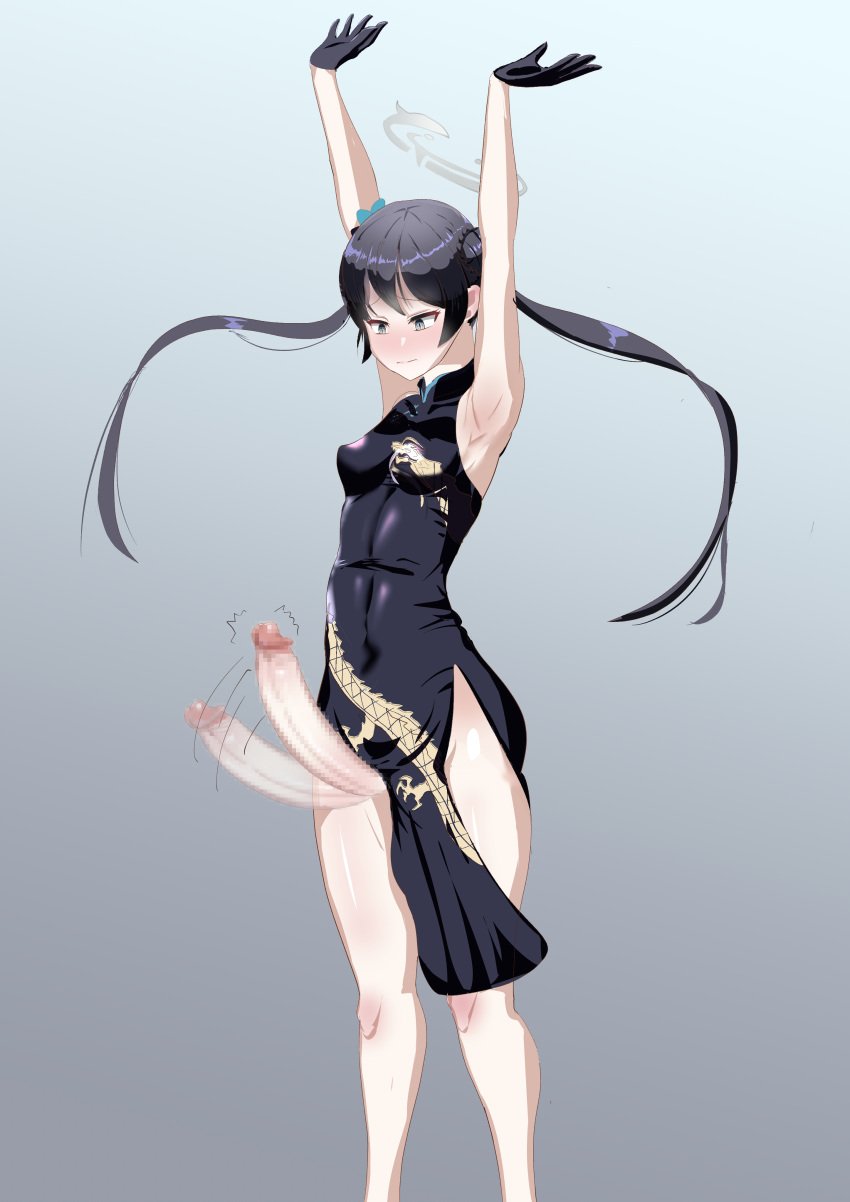 1futa 2023 absurd_res absurdres big_penis black_dress black_hair blue_archive blush bottomless breasts censored censored_penis china_dress chinese_clothes clothed clothing dress dress_aside erection futa_only futanari gloves gray_eyes grey_eyes hair_bun hair_ornament halo hands_up hi_res high_resolution highres huge_cock human kisaki_(blue_archive) long_hair looking_at_penis looking_down mosaic_censoring mostly_clothed motion_blur motion_lines no_panties no_underwear pale-skinned_futanari pale_skin penis penis_under_clothes penis_under_dress punidemon445 qipao shaking shanhaijing_secondary_school_student simple_background small_breasts solo solo_futa standing swinging_penis tied_hair twintails