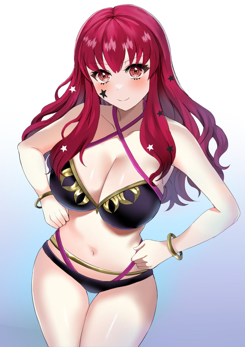 1girls alternate_costume bangs bare_thighs bikini black_bikini black_swimsuit blush bracelet breasts cleavage collarbone commentary_request female female_only fire_emblem fire_emblem_engage hair_between_eyes hair_ornament hands_on_hips highres jewelry large_breasts long_hair looking_at_viewer navel nintendo red_eyes red_hair solo star_(symbol) star_hair_ornament stomach swimsuit tara_(szzj7733) thighs yunaka_(fire_emblem)