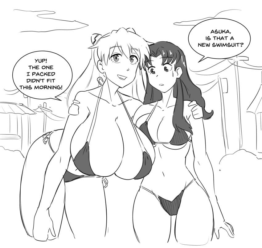 2girls amazon asuka_langley_sohryu big_breasts bikini breasts chubby female female_only giantess hourglass_figure huge_breasts misato_katsuragi neon_genesis_evangelion pressing_breasts_together rexcrash64 swimsuit taller_girl teenager thick_thighs uncolored water