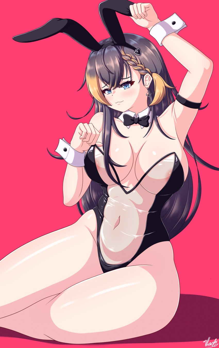 1girls anchor_earrings arm_up armband armpit armpits armwear bare_shoulders barely_visible_nipples belly_button big_breasts black_hair blue_eyes bowtie bowtie_collar braid bunny_ears bunny_ears_headband bunnysuit cleavage detached_collar earring exposed_shoulders headband light_blush navel nijisanji nijisanji_en petra_gurin see-through see-through_bunnysuit see-through_clothing side_braid solo solo_female solo_focus thick_thighs thighs transparent_bunnysuit transparent_clothing two_tone_hair virtual_youtuber vlacksr wrist_cuffs yellow_hair