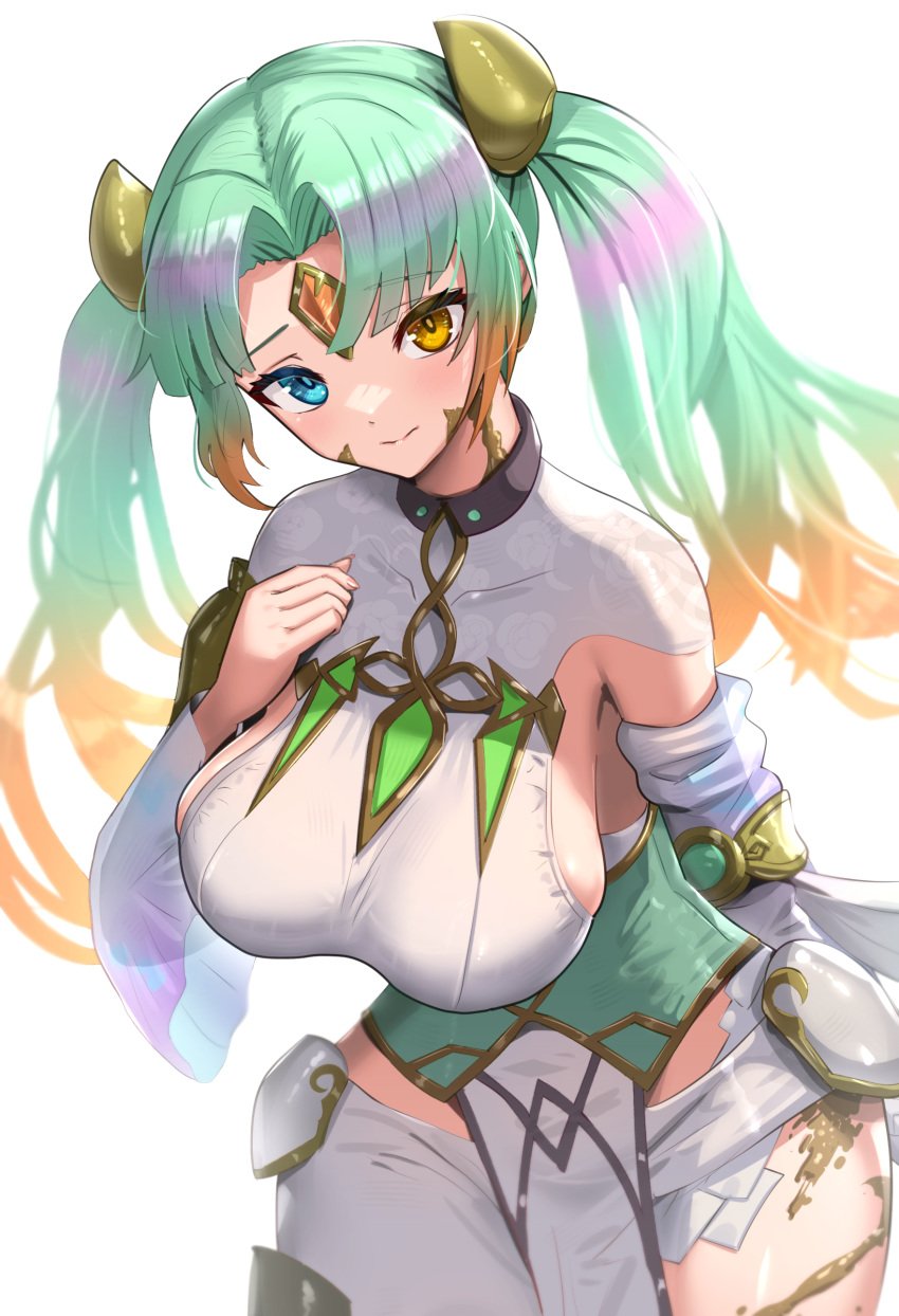 1girls absurdres aqua_eyes breasts collarbone corruption female female female_only fire_emblem fire_emblem_heroes forehead_jewel gonzarez green_eyes green_hair hand_on_own_chest heidr_(fire_emblem) highres large_breasts looking_at_viewer multicolored_hair nintendo pelvic_curtain smile solo thighs twintails white_background