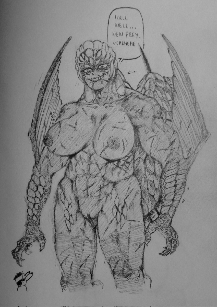 1boy 1girls bazelgeuse big_breasts claws drooling fanart gritty_hotdog_(artist) monster_hunter nude_female scales scars sharp_teeth size_difference smile tail text traditional_media_(artwork) wings