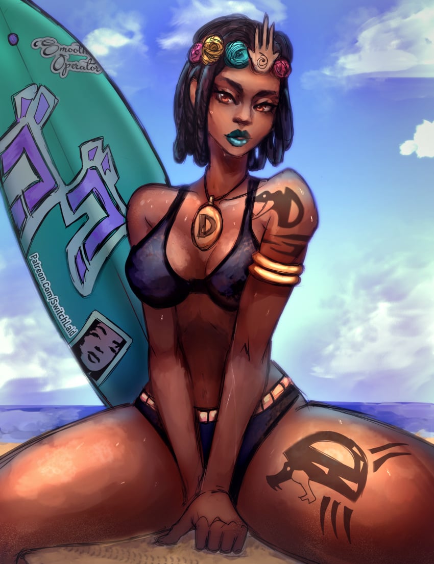 1boy ambiguous_gender androgynous beach bikini brown_eyes dark_skin dragona_joestar dreadlocks femboy jojo's_bizarre_adventure jojo_no_kimyou_na_bouken lipstick male male_only solo surfboard switchlaid the_jojolands