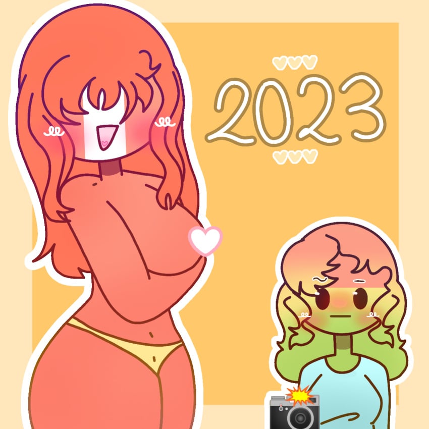 ._. 2023 2girls anthro bangs big_breasts big_thighs blush bolivia_(countryhumans) breasts brown_eyes camera camera_flash censored censored_nipples clothing countryhumans countryhumans_girl covered_eyes eyebrow_raise female female_focus female_only green_body green_skin heart heart_censor hips holding_up_breasts homosexual light_blue_clothing long_hair mari_sumi medium_hair new_year peru_(countryhumans) red_body red_hair red_skin semi_nude simple_background thighs three_tone_hair underwear yellow_background yellow_underwear yuri