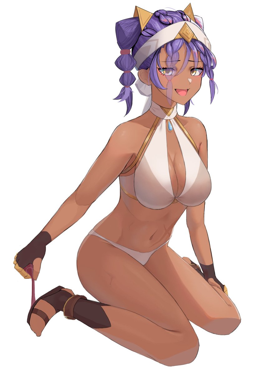 artist_request bikini bikini_bottom dark_skin eremite_(genshin_impact) eremite_desert_clearwater_(genshin_impact) genshin_impact jeht_(genshin_impact) npc panties purple_hair scar