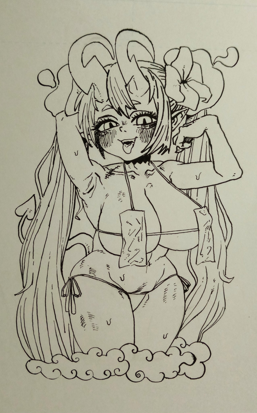 1girls big_breasts bikini_bottom blush fanart flower_in_hair gritty_hotdog_(artist) micro_bikini monochrome oni oni_horns original_character pointy_ears ponytail shortstack tail thick_thighs tongue_out traditional_media_(artwork) waa153