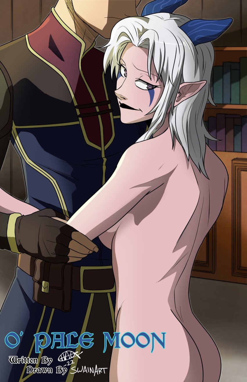 1boy 1girls blue_lipstick callum_(the_dragon_prince) canon_couple clothed comic female female_focus hagfish horned_female horned_humanoid horns lipstick male nude nude_female_clothed_male pale-skinned_female rayla_(the_dragon_prince) swain_(artist) tagme the_dragon_prince white_hair