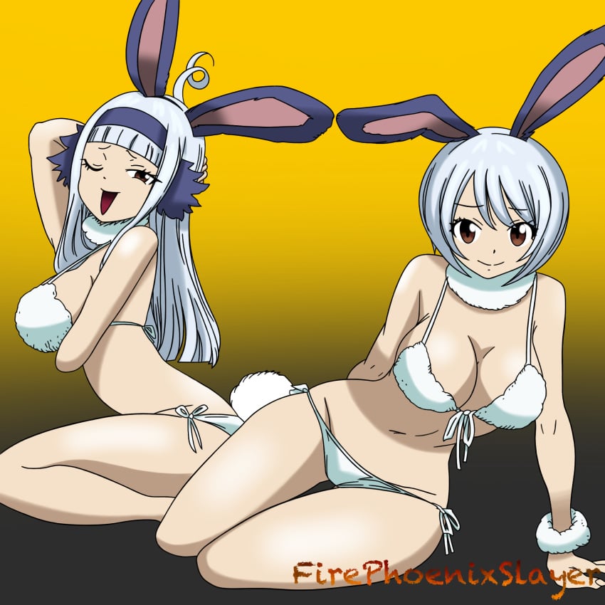 2girls angel_(fairy_tail) big_breasts bikini blue_eyes breasts bunny_costume bunny_ear bunny_ears bunny_girl bunny_tail bunnygirl bunnysuit cleavage colorized curvy_body curvy_figure fairy_tail female female_only firephxslayer highres large_breasts long_hair long_legs multiple_girls navel one_eye_closed playboy_bunny rabbit_ears seduction seductive seductive_eyes seductive_look seductive_mouth seductive_pose seductive_smile siblings sisters smile sorano_aguria swimsuit thong thong_bikini white_bikini white_hair year_of_the_rabbit yukino_aguria