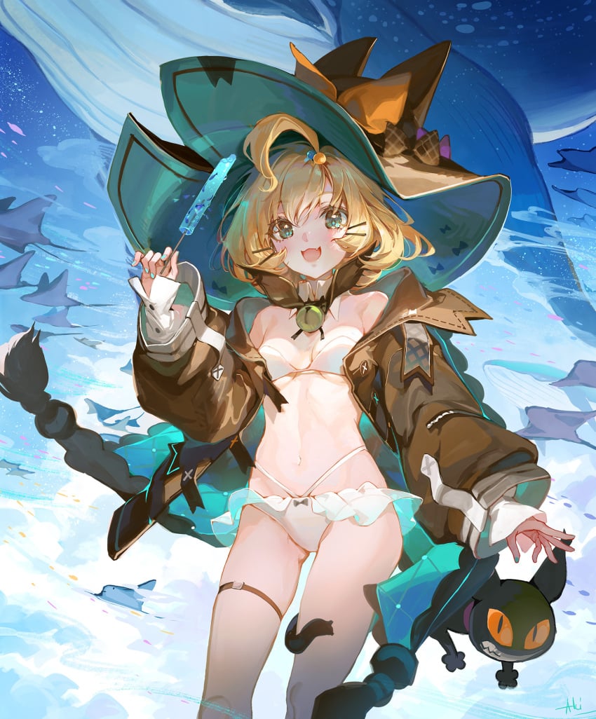 ahoge akizero1510 bare_midriff bare_shoulders bell bell_collar belly_button big_hat bikini blonde_hair blue_eyes blush cat_bell cleavage coat detached_collar exposed_shoulders exposed_torso frilled_bikini frills hair_accessory hairclip hat jacket looking_at_viewer loose_clothes midriff millie_parfait navel nijisanji nijisanji_en off_shoulder open_jacket popsicle ribbons ribbons_on_hat short_hair small_breasts thigh_strap underwear virtual_youtuber white_bikini white_underwear witch witch_hat yellow_hair