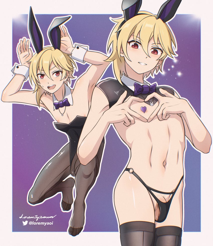 1boy 2d 2d_(artwork) blonde_hair bowtie bunny_boy bunny_ears bunnysuit ensemble_stars! femboy heart light-skinned_male light_skin looking_at_viewer loremyaoi male male_only navel nipples nito_nazuna no_shoes posing purple_background red_eyes shaved_crotch space_background sparkles stockings thong watermark