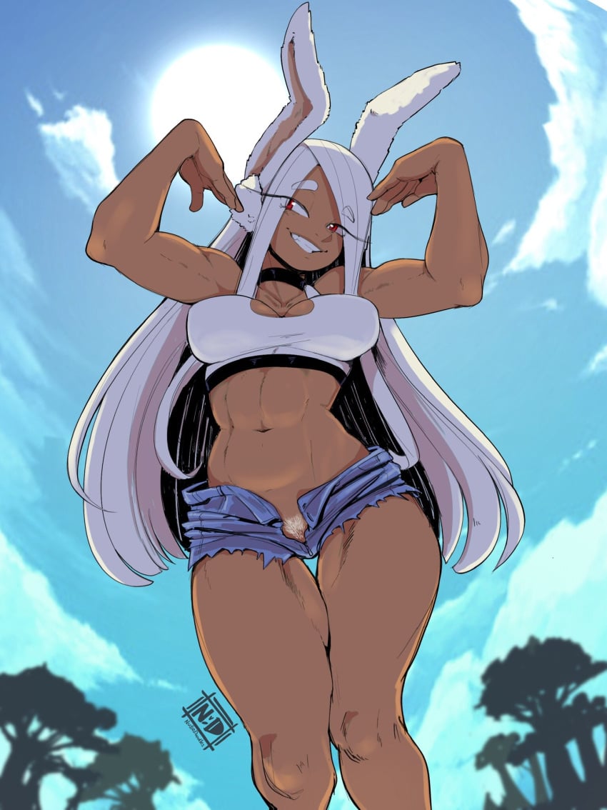 1girls abs alternate_costume animal_ears arms_up artist_name bare_shoulders big_breasts boku_no_hero_academia breasts bunny_ears cleavage clenched_teeth clothing cloud collar crop_top curvy dark-skinned_female dark_skin denim_shorts eyebrows_visible_through_hair eyelashes eyes_visible_through_hair female female_focus female_only grin hairy_pussy highres hips hotpants human jean_shorts large_breasts long_hair looking_to_the_side low-angle_view minishorts miruko muscular muscular_female my_hero_academia navel no_panties nudiedoodles open_pants open_shorts outside parted_lips pubic_hair pubic_hair_peek pussy pussy_peek red_eyes revealing_clothes rumi_usagiyama short_shorts shorts skimpy sleeveless smile solo solo_female sports_bra sun tank_top teeth thick_thighs thigh_gap thighs tree unbuttoned_pants unzipped_pants unzipped_shorts voluptuous watermark white_hair