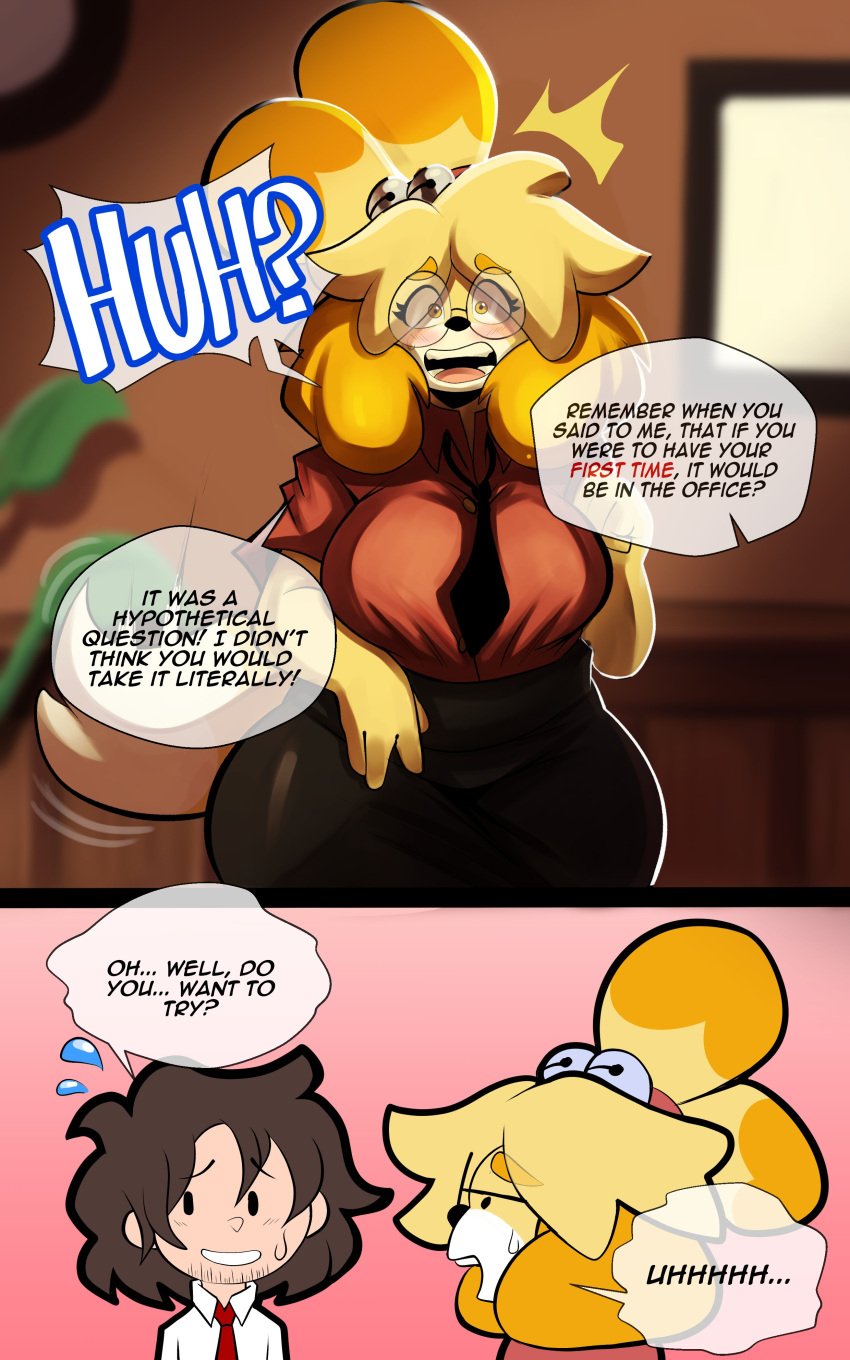 1boy 1girls animal_crossing anthro canine clothing dialogue domestic_dog english_text female glasses human imminent_sex indoors isabelle_(animal_crossing) male mob_face nathanatwar necktie nintendo office office_lady suit text whateverdoes