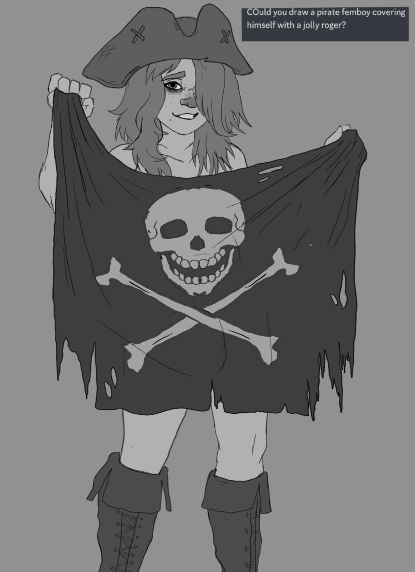 ambiguous_gender androgynous boots bottomless cottt(artist) cottt(person) cottt(sona) covering_self femboy flag freckles hat hat_only jolly_roger long_hair looking_at_viewer monochrome naked nervous nervous_smile pirate pirate_flag pirate_hat smile solo