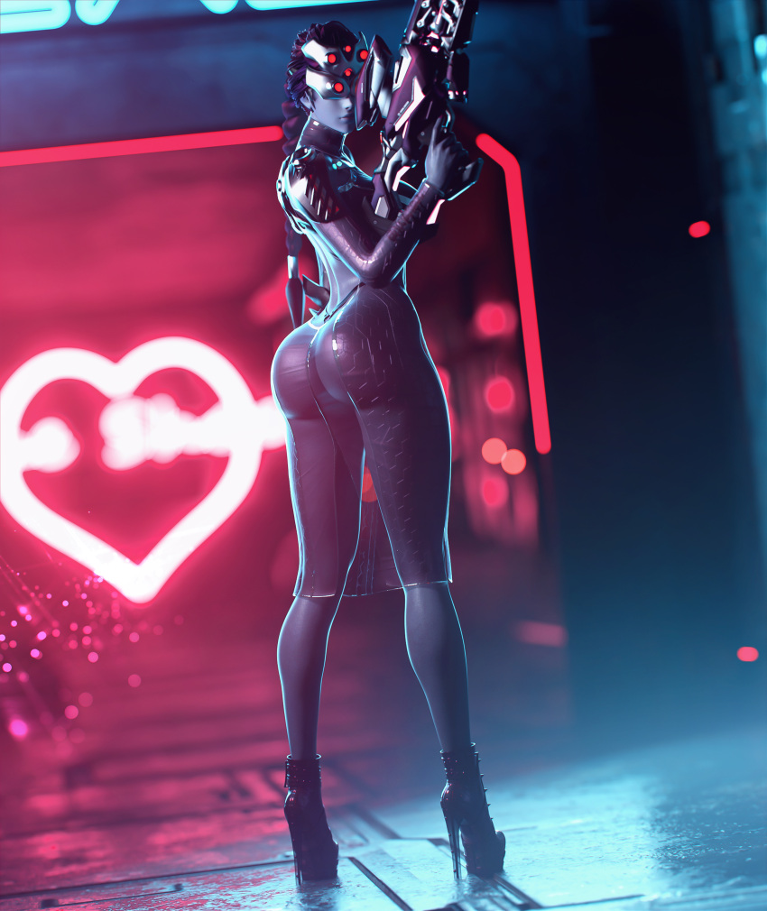 3d abs ass big_ass big_breasts blizzard_entertainment braided_hair braided_ponytail breasts dress female high_heels muscular muscular_female noahgraphicz overwatch overwatch_2 platform_heels purple_hair purple_skin rifle sniper sniper_rifle solo stiletto_heels tattoo thick_thighs very_high_heels widowmaker yellow_eyes