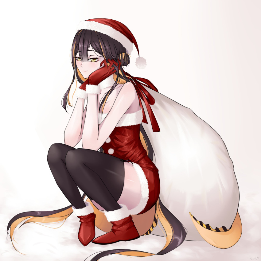 1girls black_hair christmas e-sekai eel_girl eel_humanoid evso_(evsomei) female female_only gloves hat holidays idol-en idol_corp juna_unagi light-skinned_female light_skin red_gloves santa_costume simple_background solo two_tone_hair virtual_youtuber vtuber white_background yellow_eyes yellow_hair