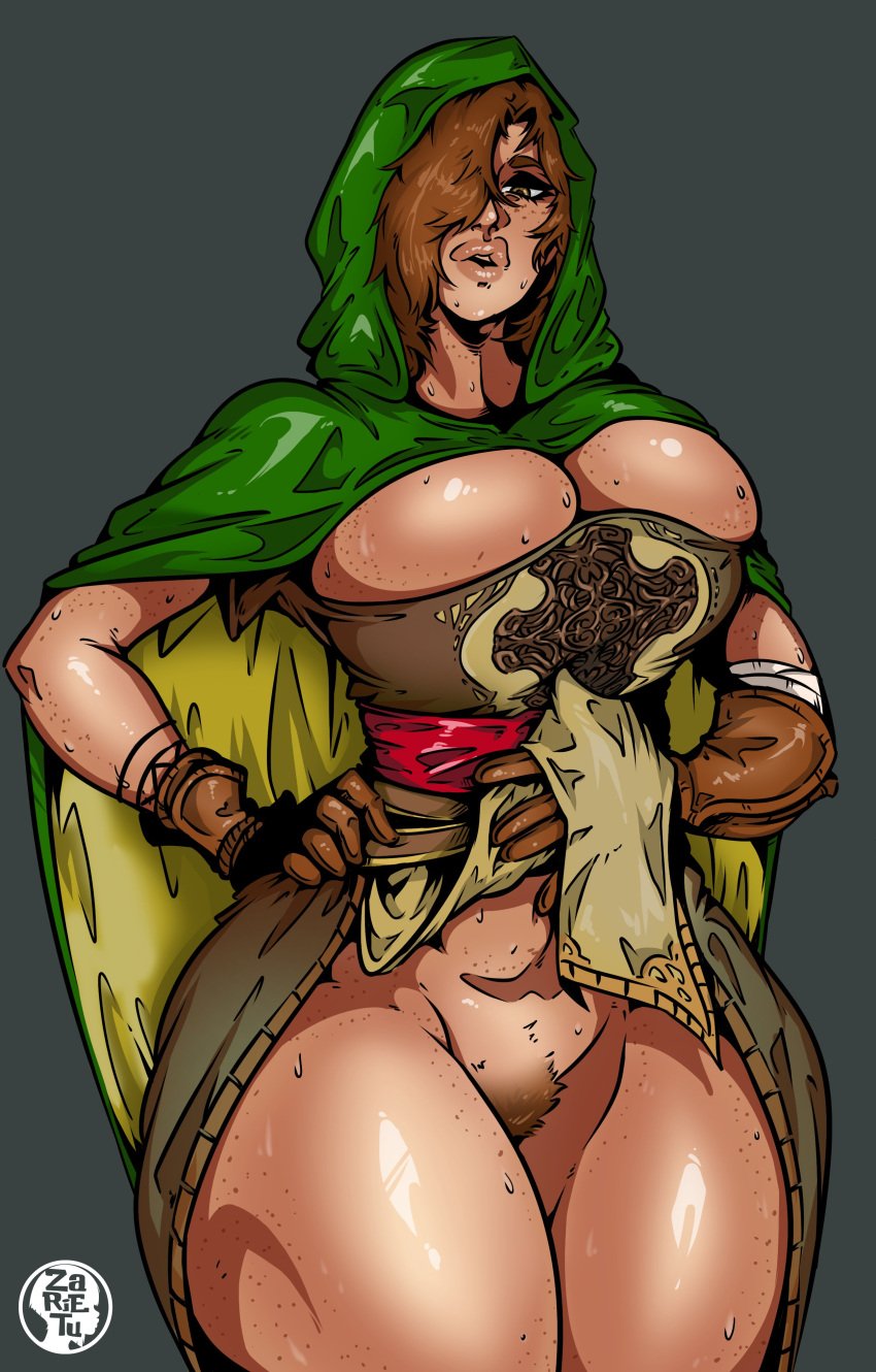 big_breasts big_lips breasts brown_eyes brown_hair bursting_breasts busty cape cleavage corset dark_souls dark_souls_2 emerald_herald female female_focus female_only flashing flashing_pussy freckles fromsoftware going_commando hood hooded_cloak hourglass_figure large_breasts loincloth loincloth_lift overflowing_breasts pubes pubic_hair puffy_lips pussy sweat tagme vagina wide_hips zarietu