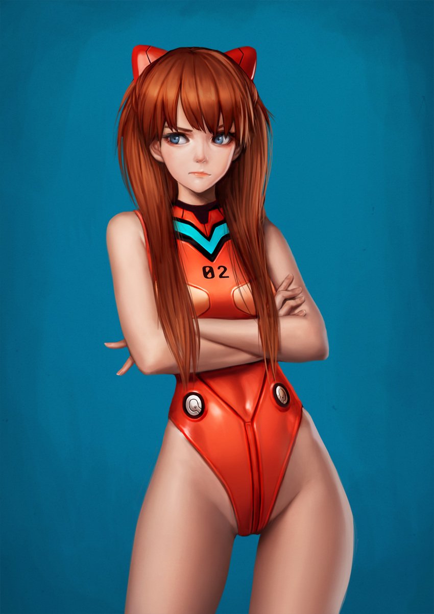 1girls arms_crossed asuka_langley_sohryu bare_shoulders bare_thighs blue_eyes cat_ears crotch female female_only frowning fully_clothed jungon_kim leotard long_hair looking_sideways neon_genesis_evangelion plugsuit red_hair sleeveless sleeveless_leotard solo standing thighs thong thong_leotard