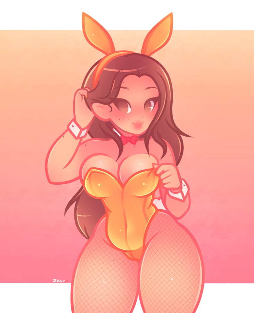 beauty_mark big_breasts big_lips blush bowtie breasts brown_eyes brown_hair brown_hair bunny_costume bunny_ears bunny_girl bunny_tail bunnygirl bunnysuit chubby chubby_female fishnets gold_clothing huge_thighs long_hair playboy_bunny round_breasts slightly_chubby thick_thighs wide_hips yellow_clothing zhar zharxart