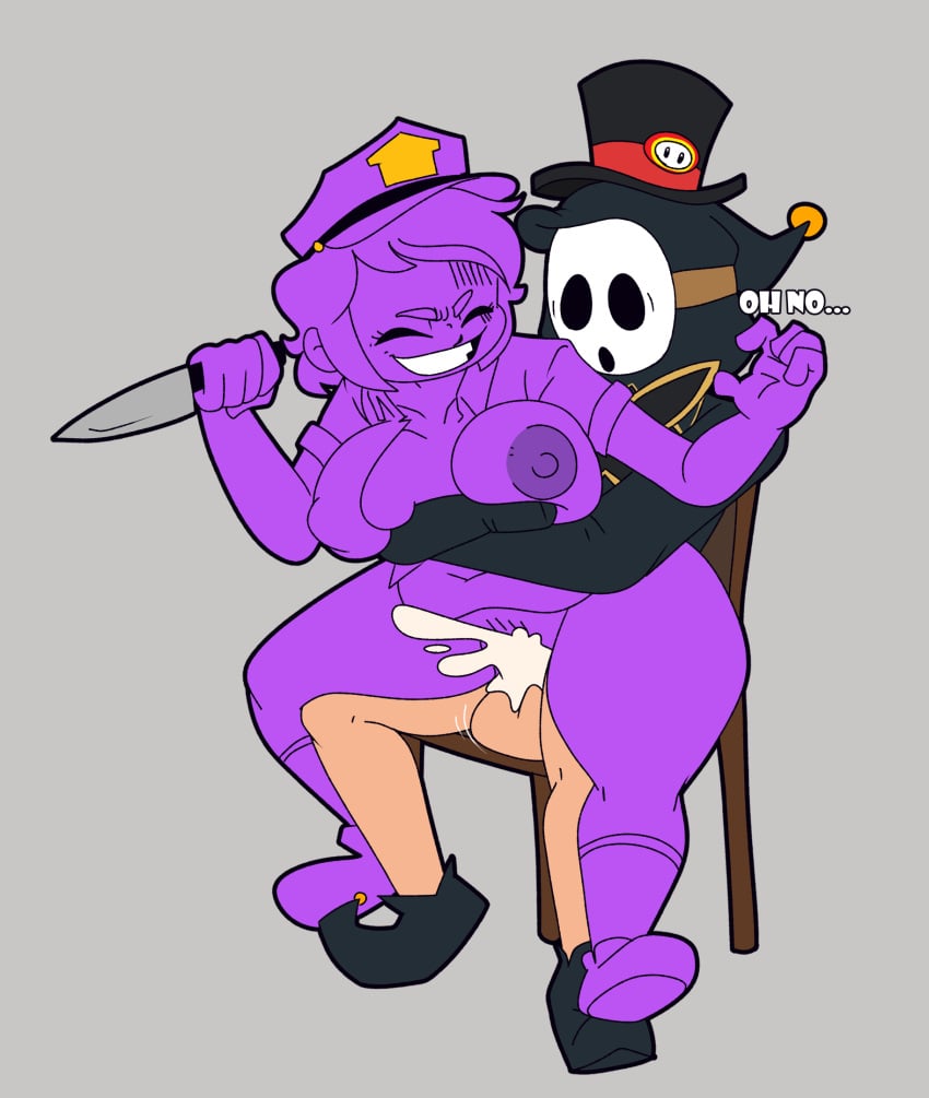 1boy 1girls anti_groove chair commission crossover cum dubious_consent female five_nights_at_freddy's full_body hat male mario_(series) shy_guy sitting tagme thehoraco wendy_afton