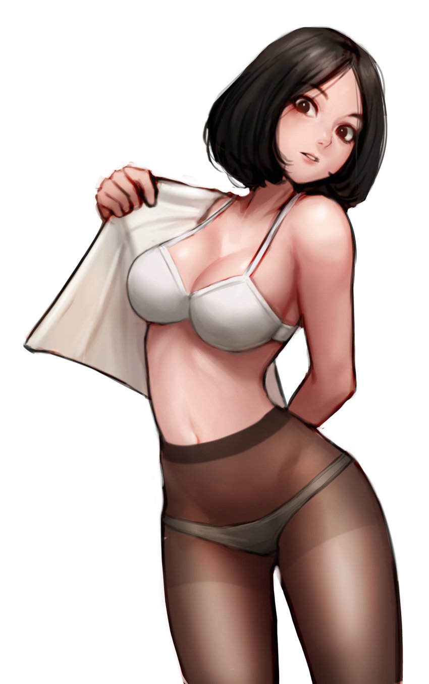 big_breasts black_hair blush dressing jungon_kim looking_at_viewer original pantyhose putting_on_clothes see-through_clothing shirt shoulder_length_hair slim_figure standing white_bra white_panties