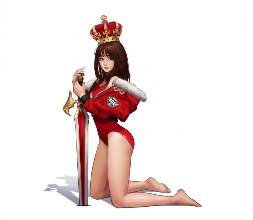 aoa ass brown_hair crown female fur_trim jacket jungon_kim kneeling leotard lipstick looking_at_viewer one-piece_swimsuit shoulder_length_hair slim_girl sword thighs