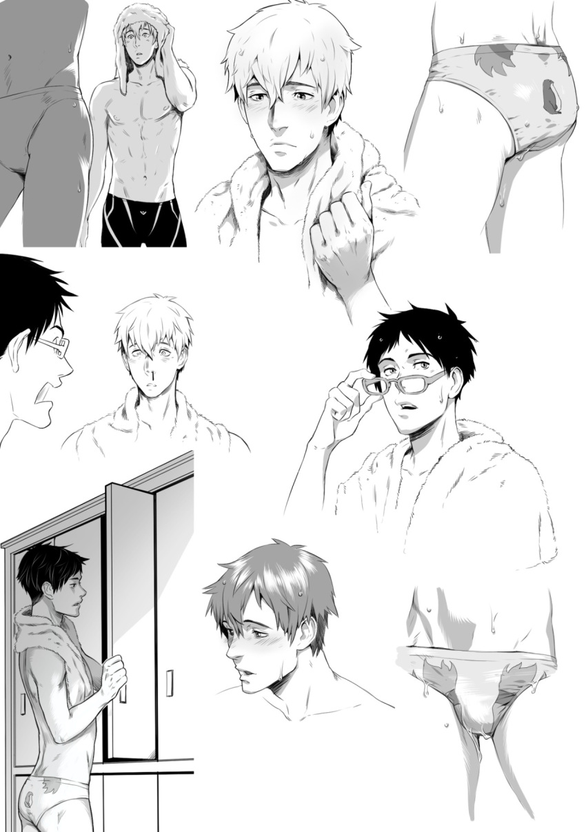 2boys being_watched blush free! gay glasses locker_room looking_at_another looking_at_ass looking_at_crotch makoto_tachibana male male/male male_focus male_only nosebleed rei_ryugazaki ryuugazaki_rei sdkay speedo staring tachibana_makoto towel watching wet yaoi