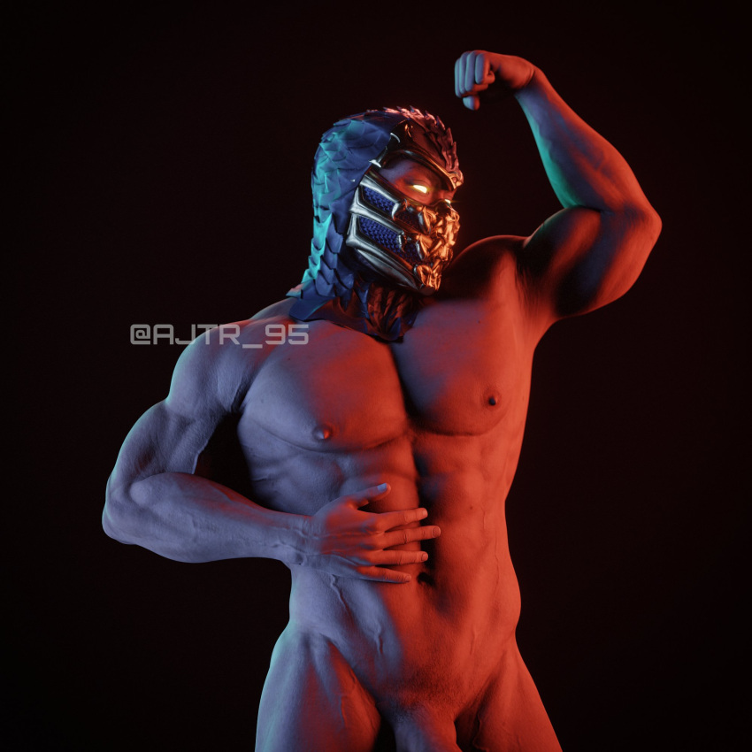 1boy aj_racer95 bara barely_visible_genitalia barely_visible_penis flexing gay male_only mask mortal_kombat muscular muscular_male penis scorpion_(mortal_kombat) solo solo_male