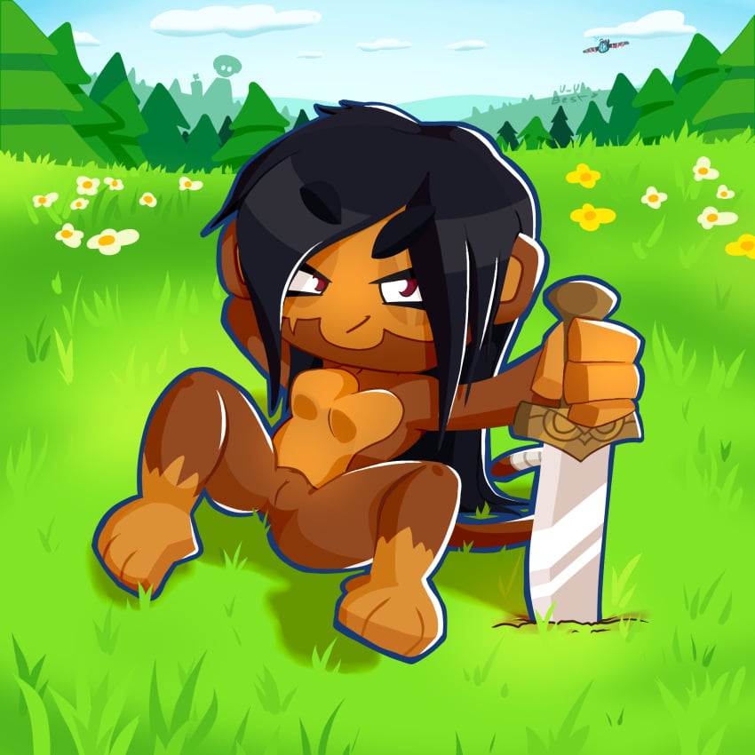 1girls bandages bedroom_eyes big_eyebrows black_eyebrows black_hair blade bloons_td_6 bloons_tower_defense breasts brown_fur evergreen_tree female field flowers furry game_character grass loose_hair meadow monkey monkey_girl no_nipples pussy red_eyes sauda scar smirk smirking smug smug_face smug_grin sword tail thick_thighs trees uwu_best weapon