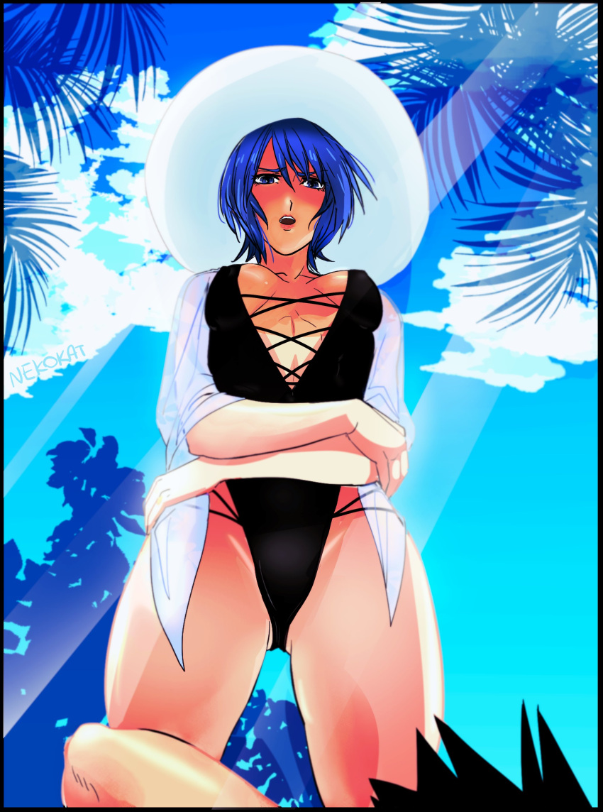 1boy 1girls aqua_(kingdom_hearts) beach bikini blue_eyes blue_hair cleavage female female_focus from_below hat kingdom_hearts nekokat42 summer thighs unversed vanitas viewed_from_below