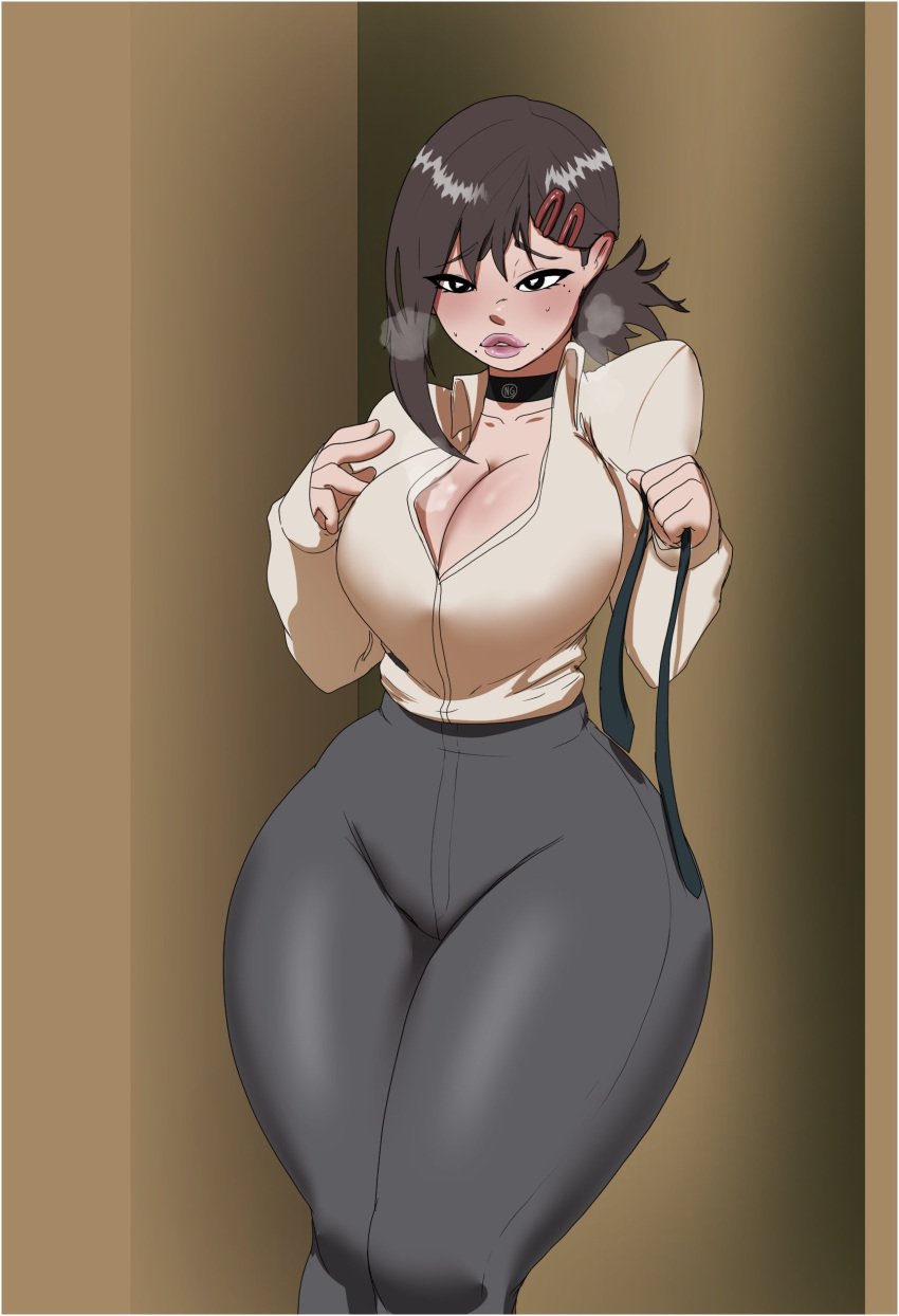 1girls big_breasts black_eyes blush brown_hair chainsaw_man female female_only hairclip hi_res higashiyama_kobeni inner_sideboob legs_together looking_at_viewer n-ronin narrowed_eyes necktie necktie_removed shirt solo steamy_breath thick_thighs tied_hair voluptuous wide_hips