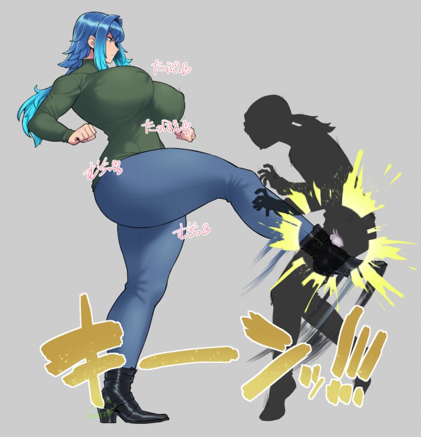 1boy 1boy1girl 1girls artist_self-insert ballbusting big_breasts blue_hair boots breasts cbt clothing cock_and_ball_torture crotch_kick faceless_male fully_clothed_female fully_clothed_male gray_background grey_skin hourglass_figure huge_breast huge_breasts jeans kicking kicking_balls large_breasts light-skinned_female light_skin long_hair massive_breasts nipples_visible_through_clothing original original_character ponytail self_insert smaller_male spacezin testicles thick_thighs zoe_(spacezin)