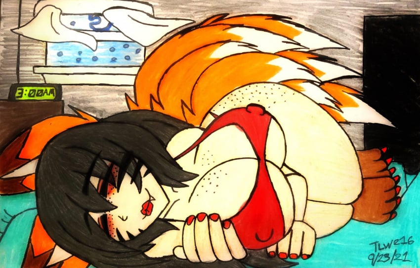 1girls 2020s 2021 areola areola_slip background bed bedroom big_ass big_breasts big_butt black_hair claws curvaceous curvaceous_figure curvy curvy_figure dated facial_markings feet first_person_view fox freckles horny kitsune kumiho laying_down lying_on_bed nail_polish nine_tailed_fox nipple_bulge nipples nude orange_fur pale_skin paws scp-953 scp_foundation sleeping tail theloanwanderer216 thick_thighs toes traditional_art traditional_media traditional_media_(artwork) voluptuous wide_hips